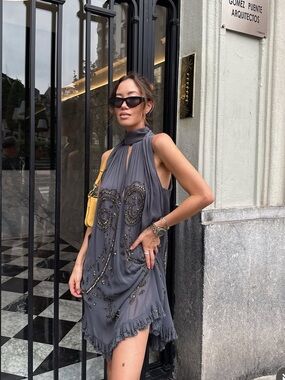 Zara Gray Embellished High-Neck Mini Dress